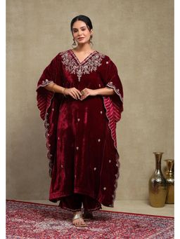 DOHR INDIA - Zainab Plum Embroidered Silk Velvet Kaftan with Pant and Dupatta