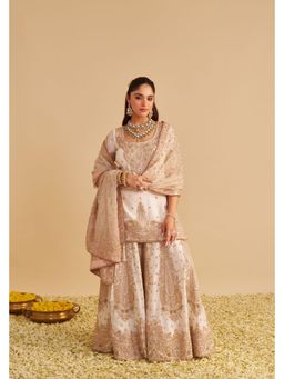 Sheetal Batra - Alina Dabka Zardozi Embroidered Silk Daisy Ivory Kurta with Sharara and Dupatta