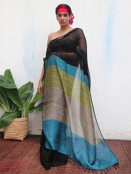 Chidiyaa - Virupakshi Black Handwoven Linen Saree with Unstitched Blouse - Kaali