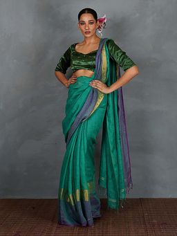 Chidiyaa - Shimmer On Green Handwoven Linen Saree with Unstitched Blouse - Tara