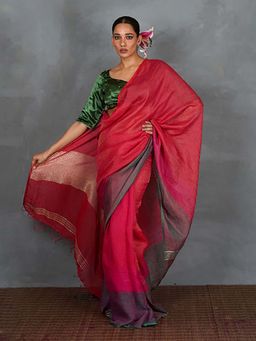 Chidiyaa - Glow Forward Red With Green Handwoven Linen Saree with Unstitched Blouse - Tara