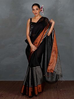 Chidiyaa - Follow Dawn Black Handwoven Linen Saree with Unstitched Blouse - Tara
