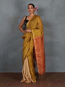 Chidiyaa - Catch Stars Mustard Gold Handwoven Linen Saree with Unstitched Blouse - Tara