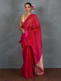 Chidiyaa - Inner Glow Red With Pink Handwoven Linen Saree with Unstitched Blouse - Tara