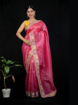 Isadora Life - Pink Floral Pre-draped Saree With Unstitched Blouse