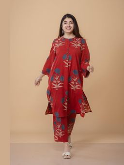 The Indian Ethnic Co. - Sofia Red Ajrakh Cotton Straight Co-Ord Set