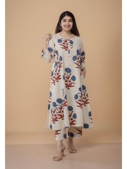 The Indian Ethnic Co. - Alizah White Ajrakh Cotton Jhabba Kali Co-Ord Set