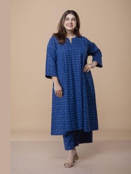 The Indian Ethnic Co. - Nyra Blue Ikkat Cotton Jhabba Kali Co-Ord Set