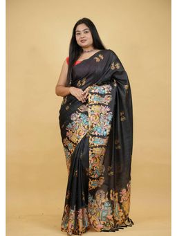 Isadora Life - Black Printed Pre-draped Saree With Unstitched Blouse