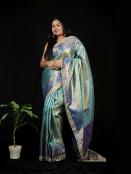Isadora Life - Green Floral Pre-draped Saree With Unstitched Blouse