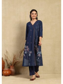 House of Chikankari - Hoc Kantha Denim Printed Women'S A-Line Blue Kurta