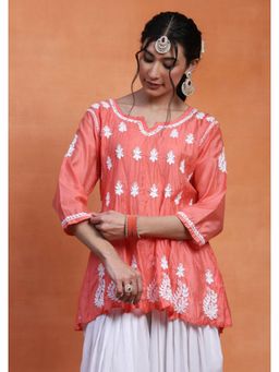 House of Chikankari - Chanderi Chikankari Peach Women'S Short Kurta
