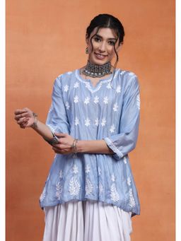 House of Chikankari - Chanderi Chikankari Solid Short Kurta