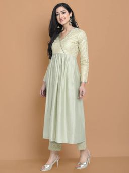 HAAVI BY PURAB - Women Green Chanderi Silk Embroidered Kurta with Palazzo