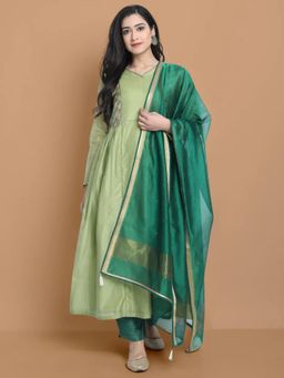 HAAVI BY PURAB - Women Green Chanderi Silk Embroidered Kurta with Palazzo