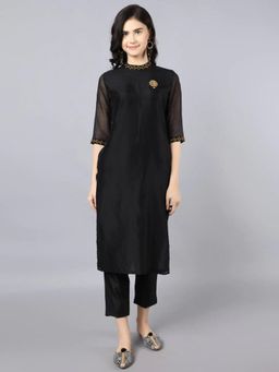 HAAVI BY PURAB - Women Black Chanderi Embroidered Kurta with Palazzo