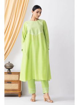 HAAVI BY PURAB - Women Green Chanderi Embroidered Kurta with Palazzo