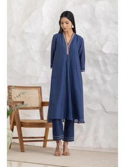HAAVI BY PURAB - Women Blue Chanderi Silk Embroidered Kurta with Palazzo