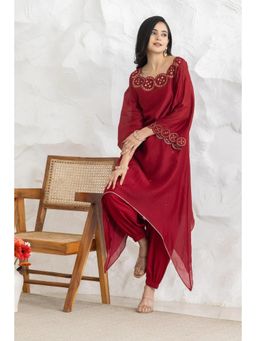 HAAVI BY PURAB - Women Red Chanderi Silk Embroidered Kurta with Salwar