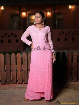 The Chikan Label - Pink Inara Viscose Chikankari Straight Kurta with Palazzo