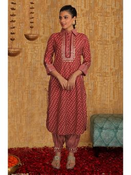 Ishnya - Women Rust Bandhani Printed Kurta With Pant