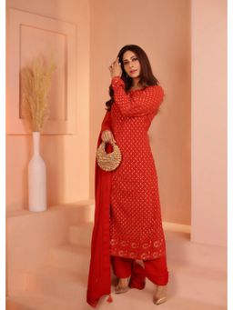 Karaj Jaipur - Women Red Georgette Kurta with Pant and Dupatta