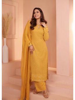 Karaj Jaipur - Women Mustard Georgette Kurta with Pant and Dupatta