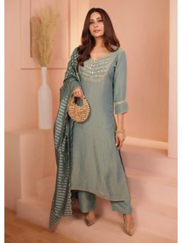 Karaj Jaipur - Women Teal Chanderi Kurta with Pant and Dupatta