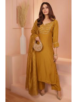 Karaj Jaipur - Women Mustard Chanderi Kurta with Pant and Dupatta