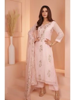 Karaj Jaipur - Women Pink Chanderi Kurta with Pant and Dupatta
