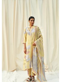 THREE-THREE - Women Yellow Floral Printed Kurta With Pant and Dupatta