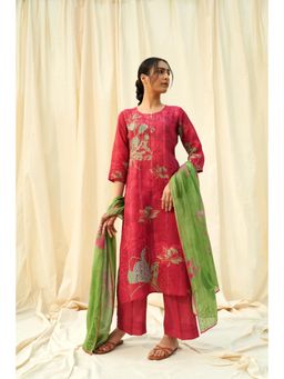THREE-THREE - Women Red Floral Printed Kurta With Pant and Dupatta