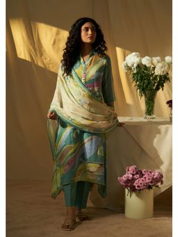THREE-THREE - Women Green Abstract Printed Kurta With Pant and Dupatta