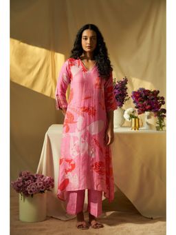 THREE-THREE - Women Pink Floral Printed Kurta With Pant