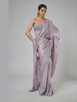 Masumi Mewawalla - Women Purple Satin Pre-draped Saree with Stitched Blouse