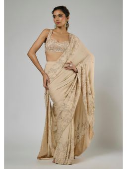 Masumi Mewawalla - Women Beige Georgette Pre-draped Saree with Stitched Blouse