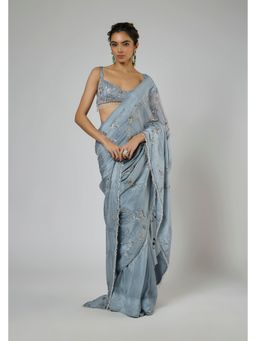 Masumi Mewawalla - Women Blue Crepe Pre-draped Saree with Stitched Blouse