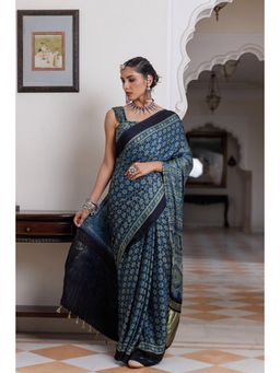 Geroo Jaipur - Women Indigo Silk Handloom Saree with Unstitched Blouse