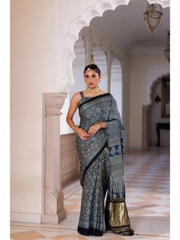 Geroo Jaipur - Women Indigo Silk Handloom Saree with Unstitched Blouse