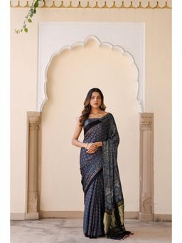 Geroo Jaipur - Women Indigo Silk Handloom Saree with Unstitched Blouse