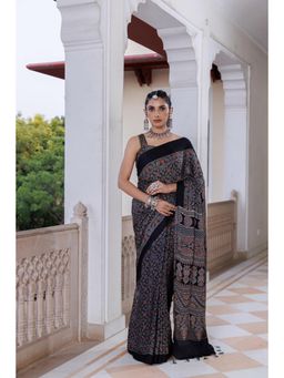 Geroo Jaipur - Women Black Silk Printed Saree with Unstitched Blouse