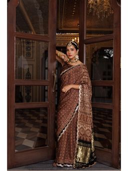 Geroo Jaipur - Women Brown Silk Embellished Saree with Unstitched Blouse