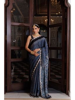 Geroo Jaipur - Women Indigo Silk Embellished Saree with Unstitched Blouse