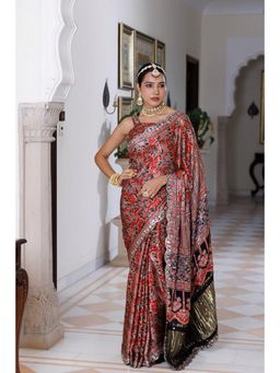 Geroo Jaipur - Women Maroon Silk Embellished Saree with Unstitched Blouse