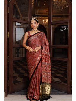 Geroo Jaipur - Women Maroon Silk Embellished Saree with Unstitched Blouse