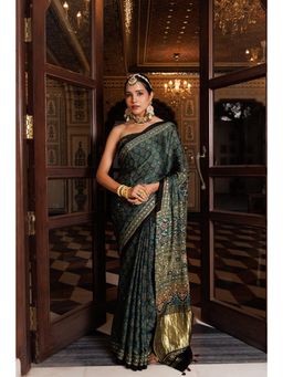 Geroo Jaipur - Women Green Silk Embellished Saree with Unstitched Blouse