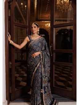 Geroo Jaipur - Women Indigo Silk Embellished Saree with Unstitched Blouse