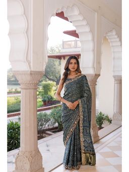 Geroo Jaipur - Women Indigo Silk Embellished Saree with Unstitched Blouse