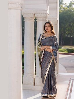 Geroo Jaipur - Women Indigo Silk Embellished Saree with Unstitched Blouse
