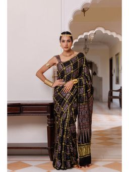 Geroo Jaipur - Women Black Silk Handloom Saree with Unstitched Blouse